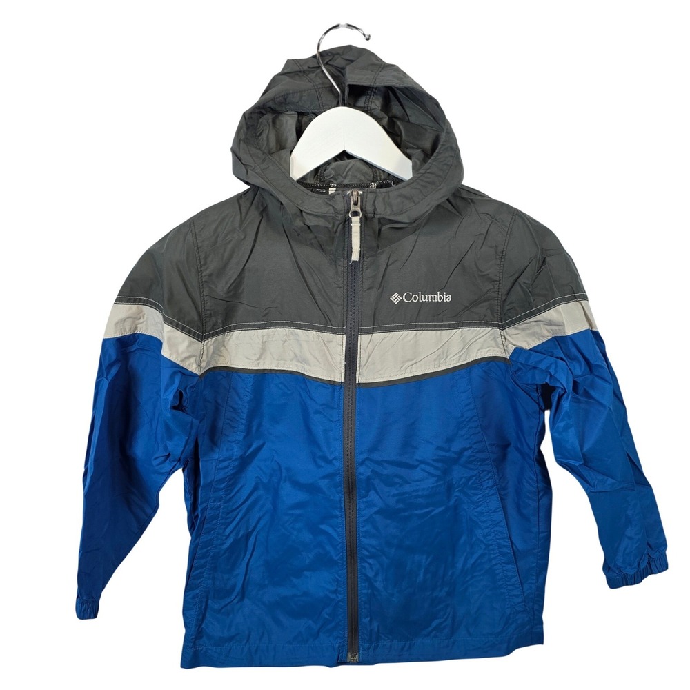 Columbia Youth Boys Hooded Windbreaker Jacket Size 8 Blue Gray Pockets /B169